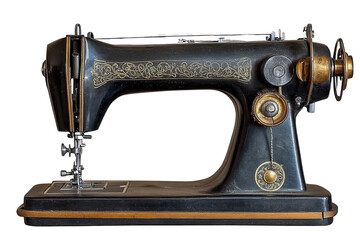 Vintage Black Sewing Machine with Gold Accents on Transparent Background