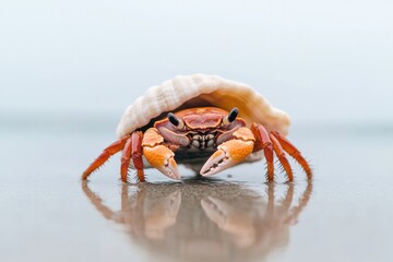 Colorful hermit crab emerges from shell, showcasing vibrant deta