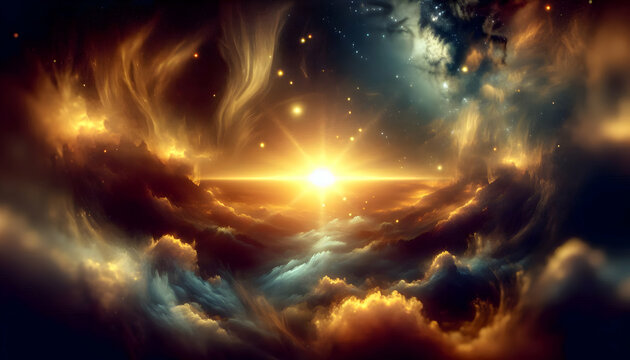Consciousness A breathtaking cosmic sunrise where golden light cascades through misty, floating clouds, blending i2