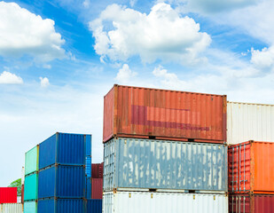 Cargo container ship on blue sky background, export