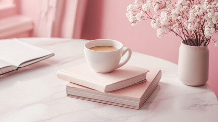 Morning coffee on pink books with flowers in calm pastel setting