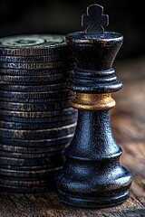 Black King Chess Piece Next to Stacked Coins on Wooden Surface
