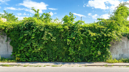 Lush green vine-covered wall against a bright blue sky
