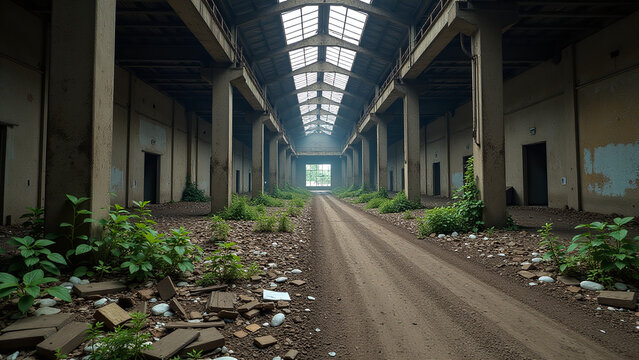 dilapidated industrial site overgrown trash debris remains hazardous environment