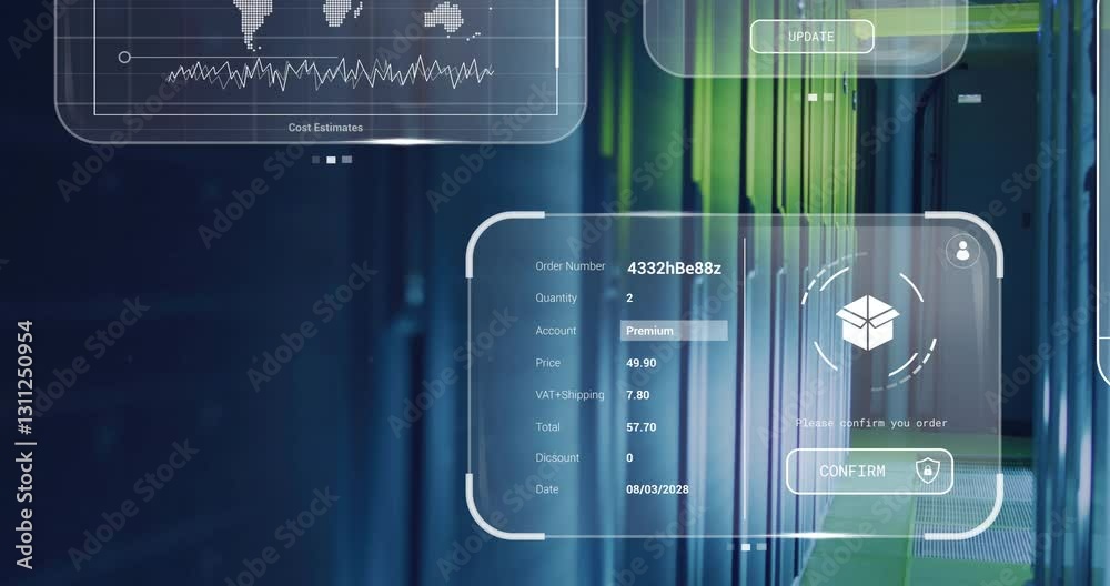 Poster animation of digital transaction interface overlaying data center servers with graphs