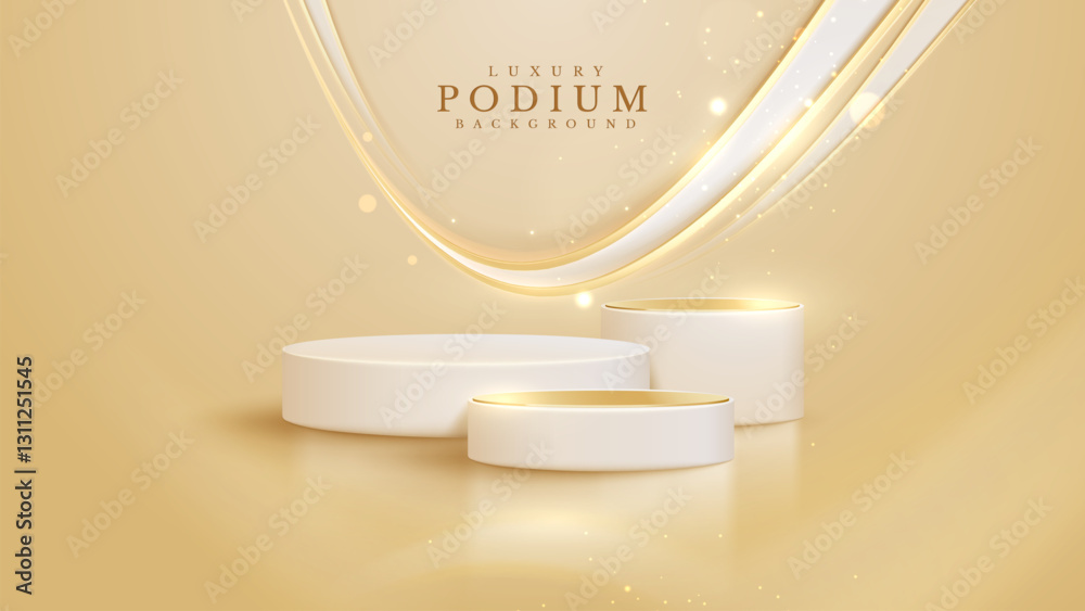 Wall mural elegant white empty podium for displaying products with sparkling golden curve elements decorated wi