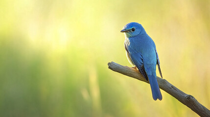 Fototapeta premium Blue bird perched on sunlit branch in serene setting