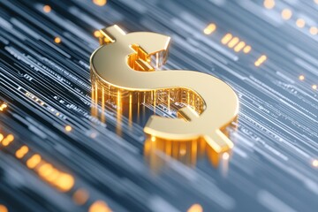 Golden Dollar Sign Amidst A Digital Circuit Design