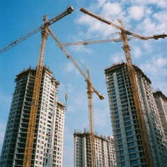 An engineer marking a construction site plan against urban landmarks.