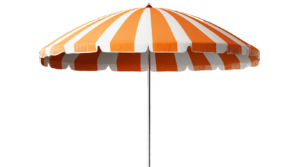 "A tall striped beach umbrella with alternating orange and white stripes, isolated on a transparent background."