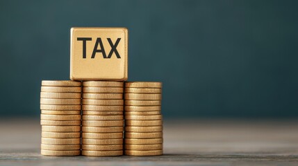 Stacks of golden coins with  Tax  written on a wooden block set against a green background representing various financial and economic concepts such as taxation investment business revenue and growth