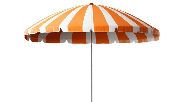 "A tall striped beach umbrella with alternating orange and white stripes, isolated on a transparent background."