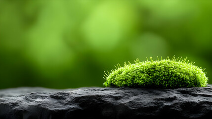 Fototapeta premium A vibrant patch of green moss atop a dark rock, set against a soft, blurred green background, showcasing nature's beauty.