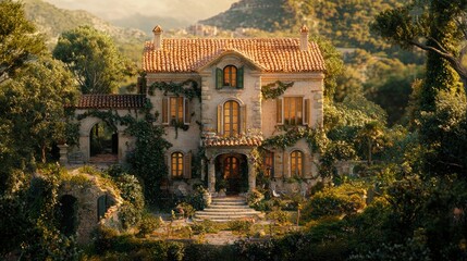 Obraz premium Idyllic Mediterranean villa nestled in lush greenery at sunset.