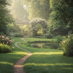 Dreamy Floral Oasis: Rose-Adorned Gazebo in a Lush Garden Setting