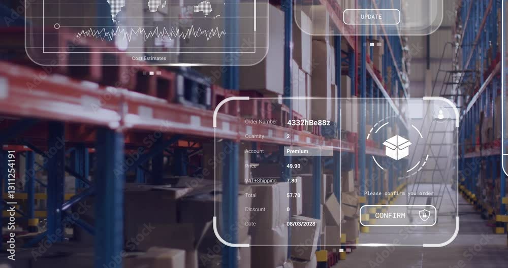 Poster in warehouse, digital interface displaying order details and analytics in animation
