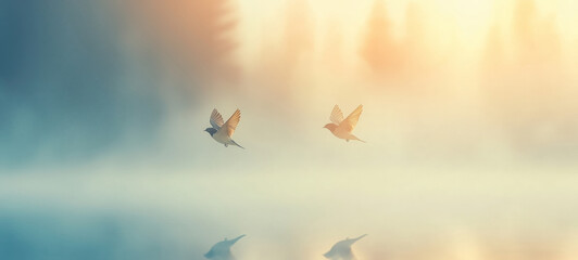 Fototapeta premium Swallows in flight over misty lake reflection 