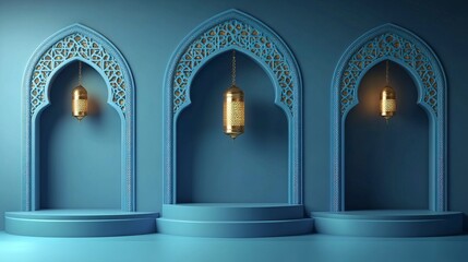 Fototapeta premium Vector illustration of three podiums for product presentation, blue background with Islamic arches and a lantern hanging on the wall, golden accents, Ramadan Islamic concept design, detailed backgroun