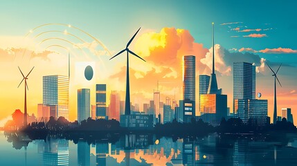 Fototapeta premium A futuristic illustration depicting the shift in global energy usage with increasing relnce on renewables as energy prices rise