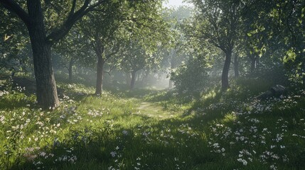 Fototapeta premium Sunlit forest path with wildflowers.