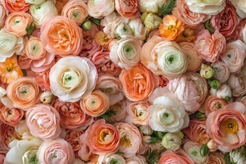 Seamless floral background with peach and coral ranunculus
