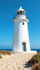 Iconic whitewashed Formentera lighthouse against a vibrant blue sky , day, serenity