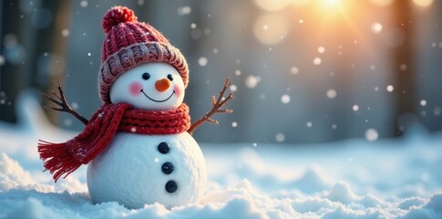 Fototapeta premium Joyful snowman, wool hat & scarf, snowy landscape, glittering bokeh , celebration, winter scene