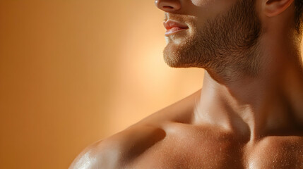 Naklejka premium Close-up of a muscular man showcasing a strong jawline and defined features against a warm, soothing background.