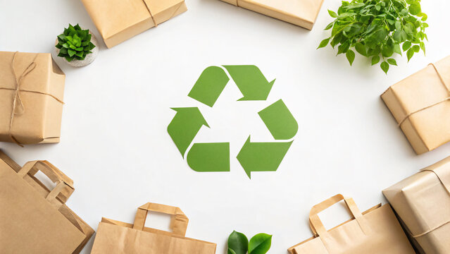 Eco-Friendly Packaging and Recycling Symbol Surrounded by Brown Boxes and Green Plants - Powered by Adobe