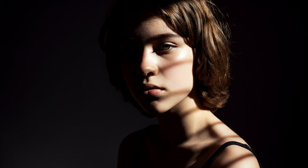 Fototapeta premium Ethereal shadows dance across a serene face, capturing a blend of mystery and elegance