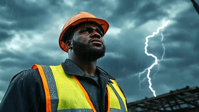 A gritty, rain-soaked construction worker stands against a backdrop of dark clouds and lightning. His intense gaze reflects determination as he grips his safety vest tightly in the