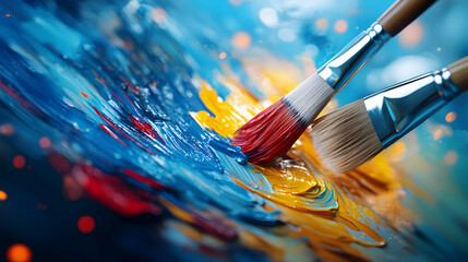 Fototapeta premium Close-up of paintbrushes mixing vibrant colors on a palette, capturing the joy of artistic expression and creativity.