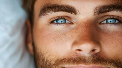 Obraz premium Close-up portrait of a young man with striking blue eyes, expressing a calm and contemplative mood in a relaxed setting.