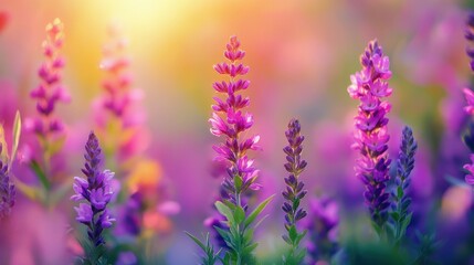 Obraz premium Vibrant purple wildflowers bathed in sunlight. Perfect for spring, nature, and serenity themes.