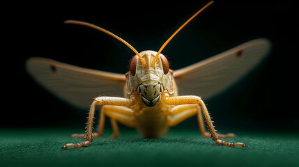 Close-up shot of a grasshopper showcasing its intricate features and vibrant colors against a dark background.