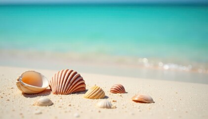 Seashells scattered on sun-kissed sand near turquoise water, mobile, shells