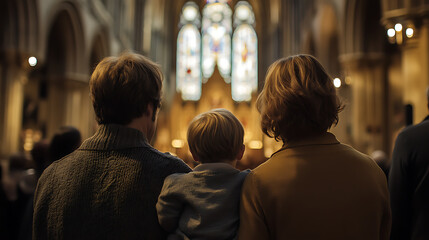 Fototapeta premium A devout family attending a solemn Easter mass in a grand cathedral, intricate details of the vaulted ceilings and stained glass, a sense of reverence and spiritual connection, soft lighting 