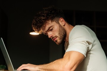 Focused individual immersed in work, illuminated by soft indoor