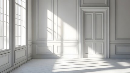 Obraz premium Bright, minimalistic interior of a modern room with large windows casting shadows on the floor