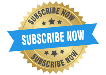 subscribe now. subscribe now round blue and gold label isolated on transparent background