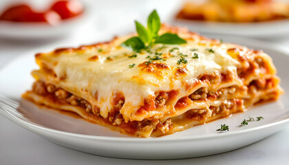 Delicious and cheesy lasagna served on a white plate, garnished with fresh herbs, perfect for a cozy dinner or family meal.