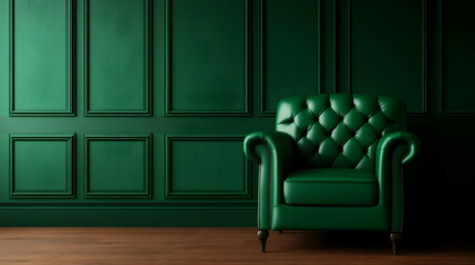 Elegant green leather armchair against a rich green wall, adding sophistication to modern interior design.