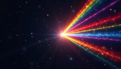 Vibrant rainbow flares burst across black, prism effect , bright, optical