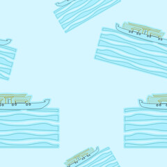 Editable Outline Style Side View Indian Keralan Houseboat Vector Illustration on Wavy Lake Seamless Pattern for Creating Background of Recreation or Transportation of Southwestern India