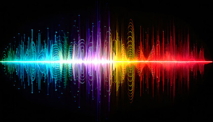 Sonic Spectrum: A vibrant visualization of sound waves, with an explosion of multicolored energy radiating from the center, demonstrating the dynamics and spectrum of audio signals.