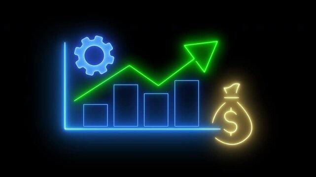 Business efficiency concept, how much a company or organization can produce as it relates to time, cost and quality. Glowing neon line of profit maximization icon isolated on transparent background.