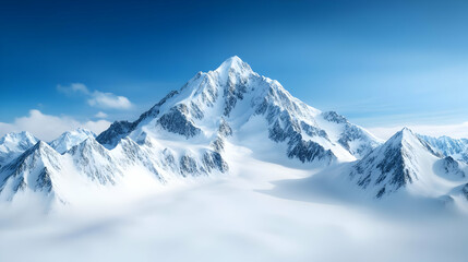 Fototapeta premium Majestic snow-capped mountain peak beneath a clear blue sky, surrounded by clouds, showcasing nature's breathtaking beauty.