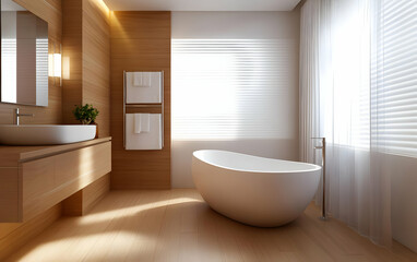 Modern bathroom interior featuring a freestanding tub, wooden accents, and natural light streaming through elegant window treatments.