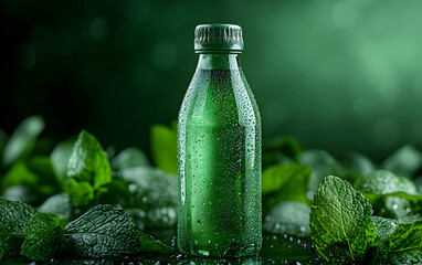 Refreshing green drink in a glass bottle surrounded by vibrant mint leaves, showcasing natural hydration and revitalization.
