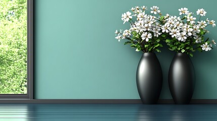 A stylish green vase holding beautiful pink flowers set against a soothing green background, representing elegance and simplicity in home decoration. White Vase with Flowering Branches on Shelf Again
